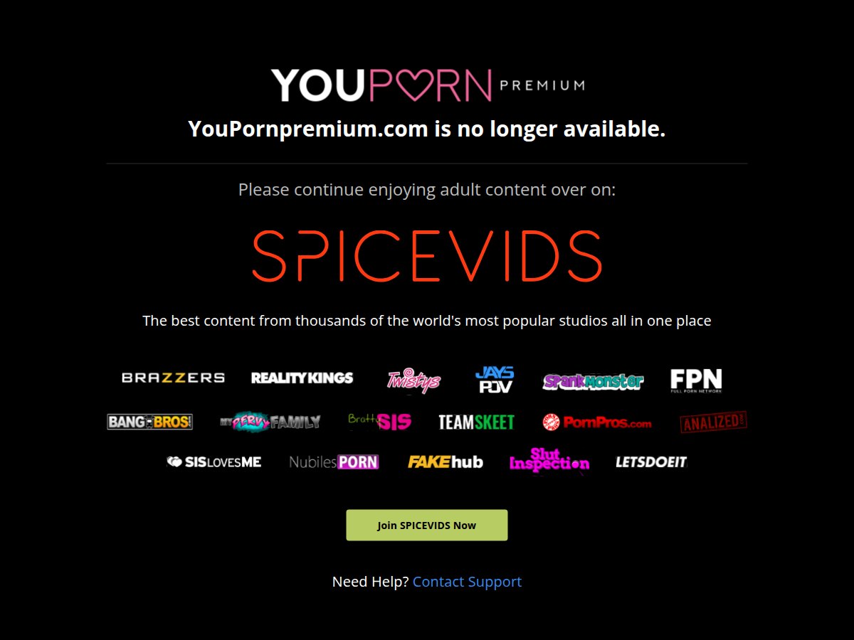 Melding op youpornpremium.com dat de dienst niet meer beschikbaar is en verwijst naar SPICEVIDS